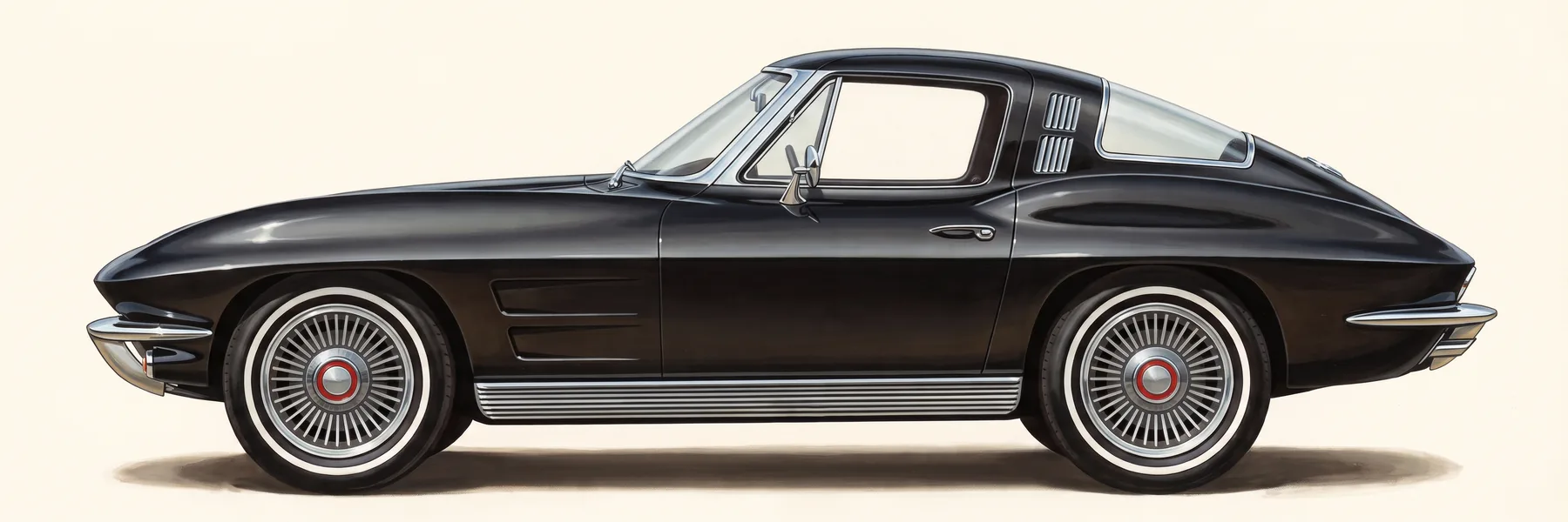Side view of a 1964 Chevrolet Corvette Sting Ray sport coupe with vents in the roof pillar
