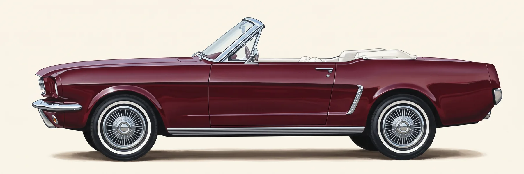 Side profile of a 1964½ Ford Mustang convertible in Vintage Burgundy, top down