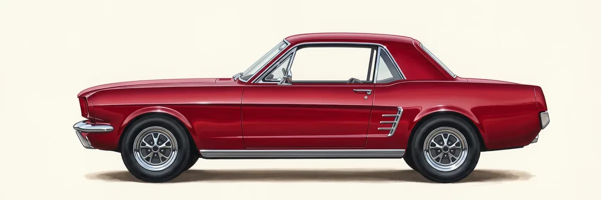 Side profile of a 1966 Ford Mustang hardtop in Candyapple Red