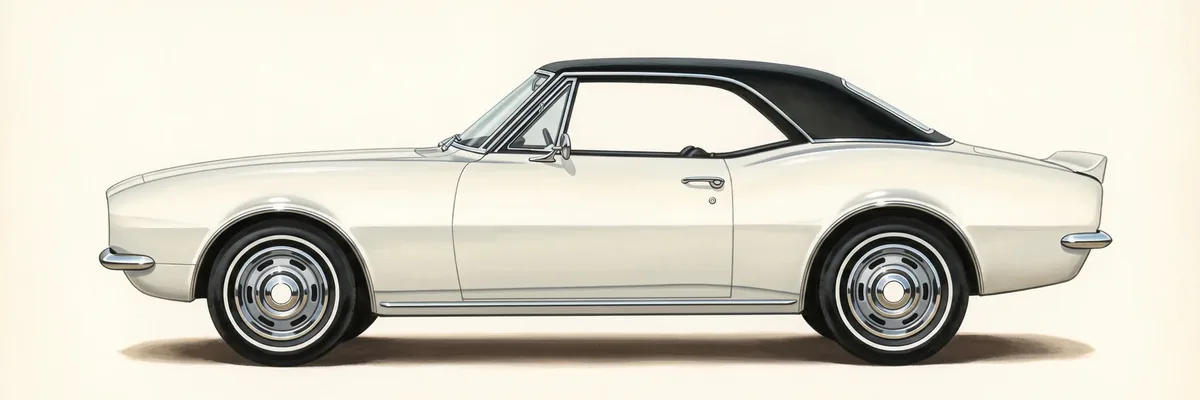 Side view of a 1967 Chevrolet Camaro RS hardtop coupe in white with a black vinyl roof
