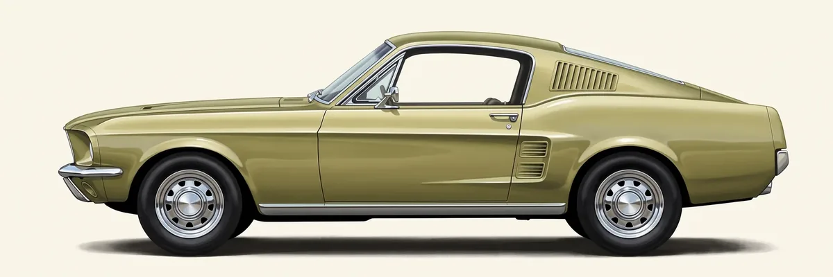 Side profile of a 1967 Ford Mustang fastback in Lime Gold