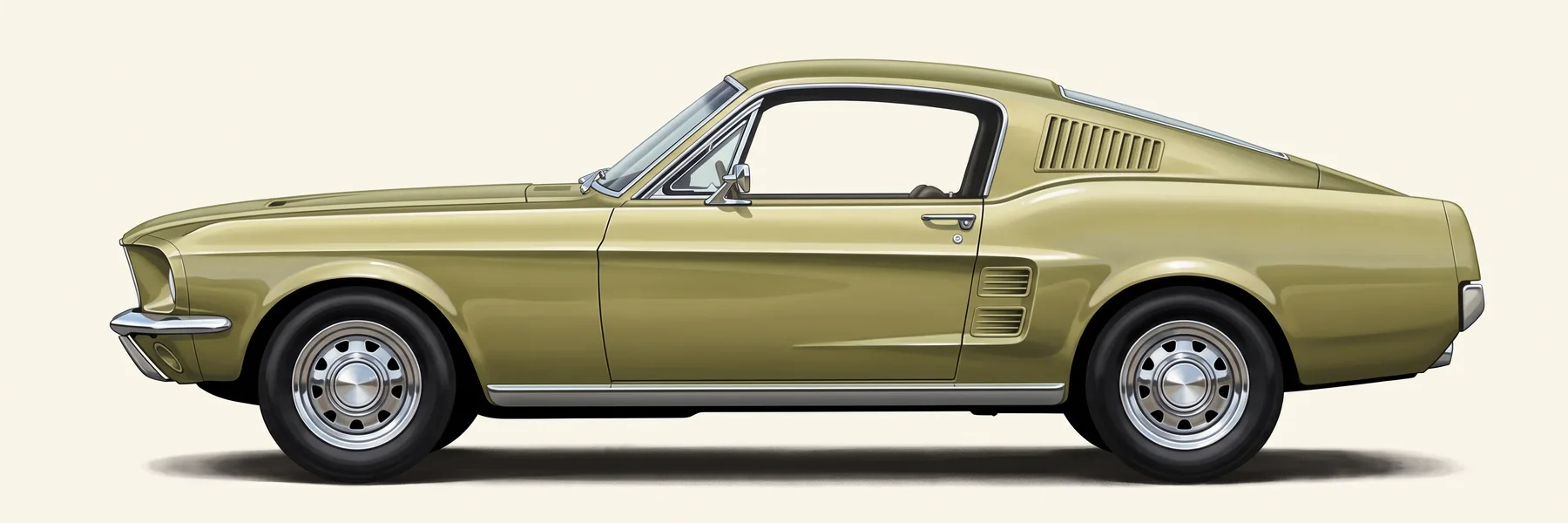 Side profile of a 1967 Ford Mustang fastback in Lime Gold