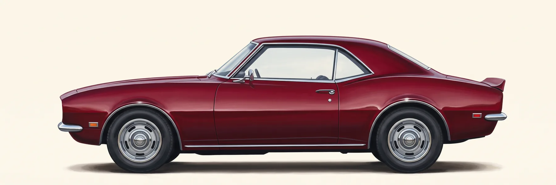 Side view of a 1968 Chevrolet Camaro hardtop coupe in dark burgundy