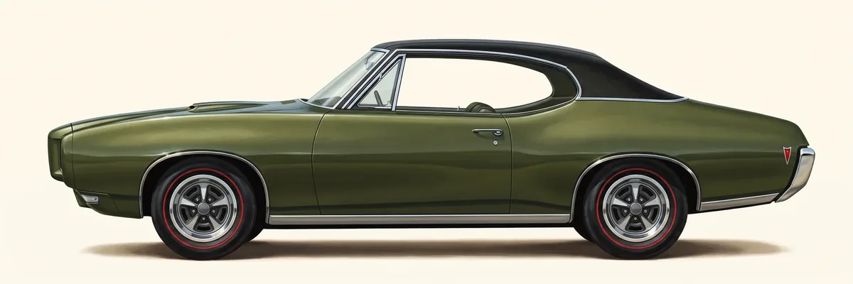 Side view of a 1968 Pontiac GTO hardtop with a vinyl roof and Rally II wheels