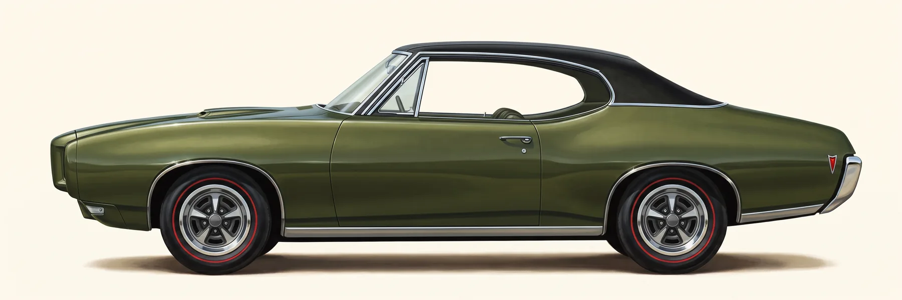 Side view of a 1968 Pontiac GTO hardtop with a vinyl roof and Rally II wheels