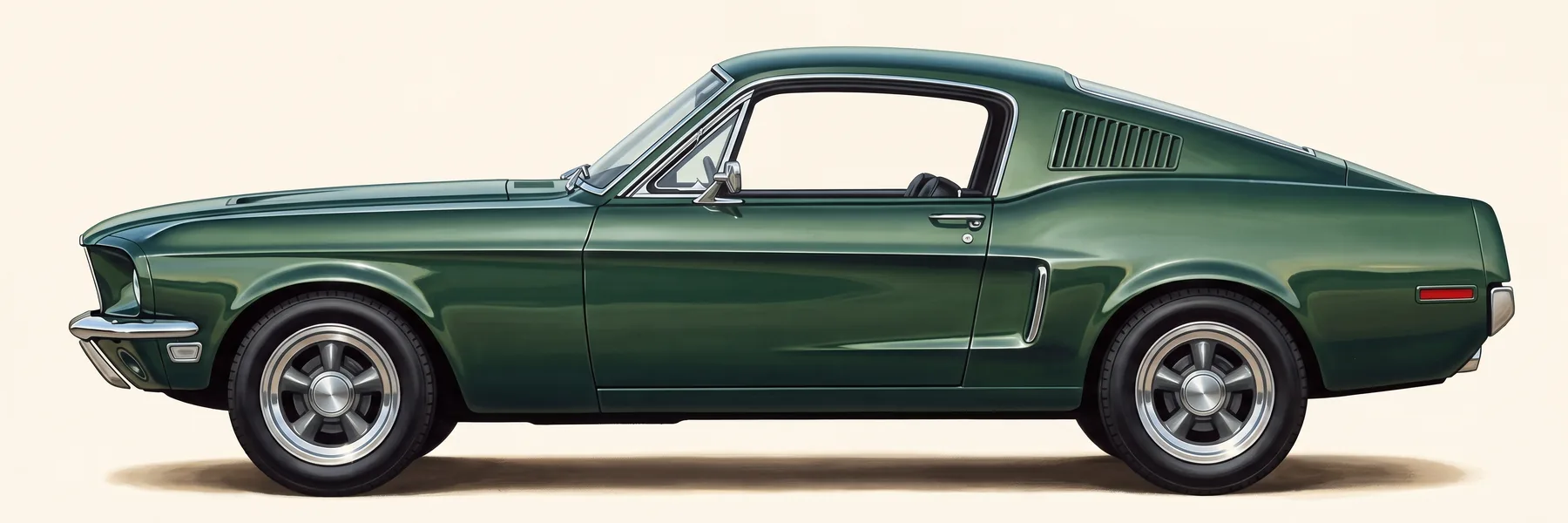 Side profile of a 1968 Ford Mustang GT fastback in Highland Green