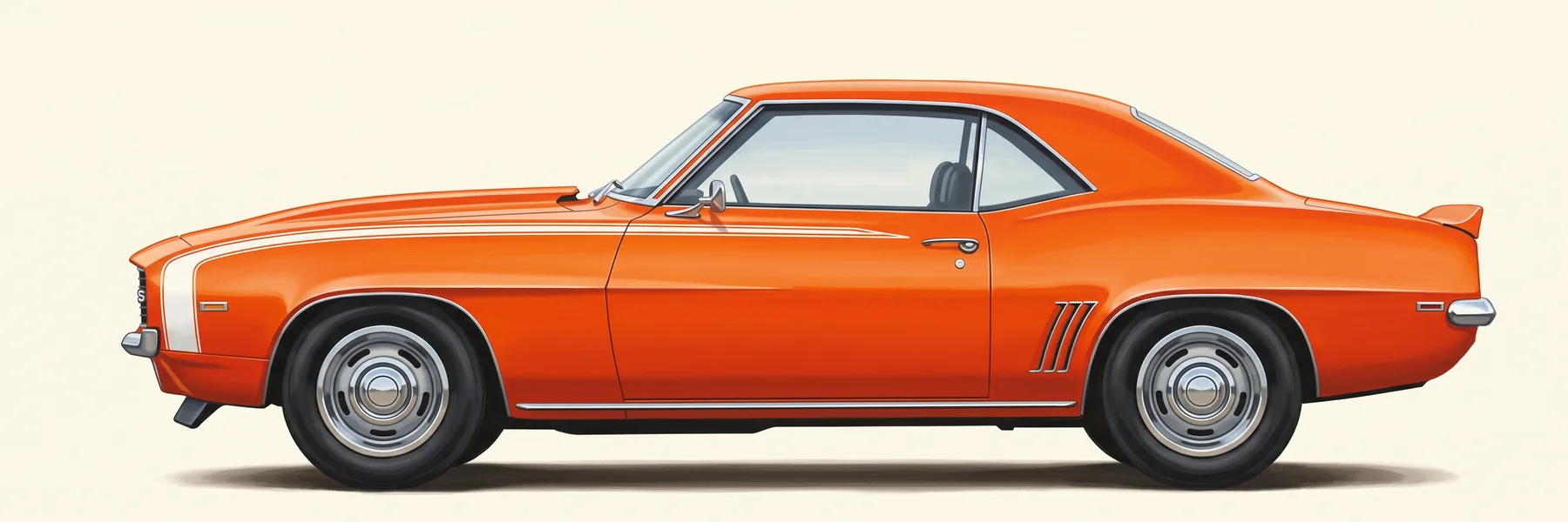 Side view of a 1969 Chevrolet Camaro SS coupe in orange with a white hockey-stick stripe