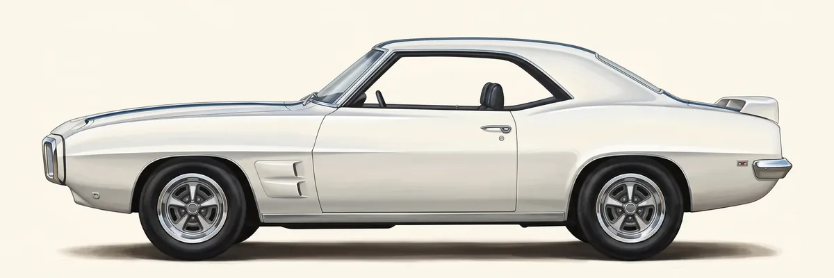 Side view of a 1969 Pontiac Firebird Trans Am hardtop with its stripes, fender scoop and deck-lid spoiler