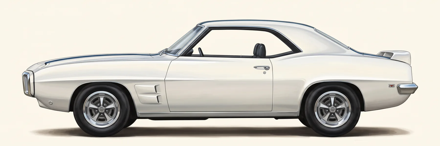 Side view of a 1969 Pontiac Firebird Trans Am hardtop with its stripes, fender scoop and deck-lid spoiler