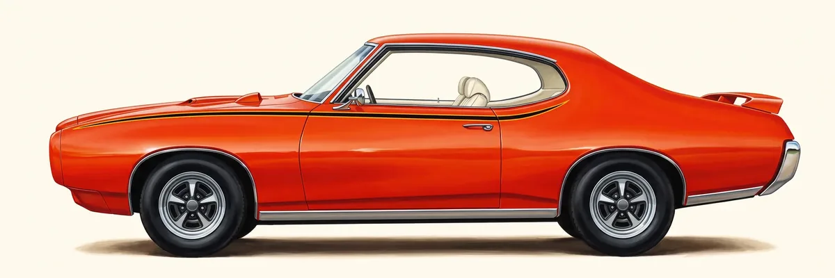 Side view of a 1969 Pontiac GTO The Judge hardtop with the Judge side stripe and the rear spoiler