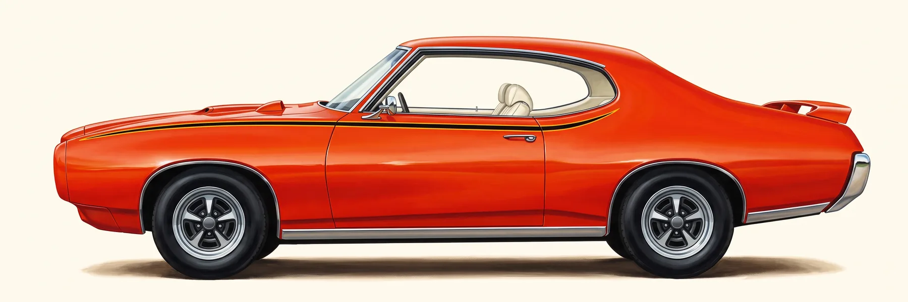Side view of a 1969 Pontiac GTO The Judge hardtop with the Judge side stripe and the rear spoiler