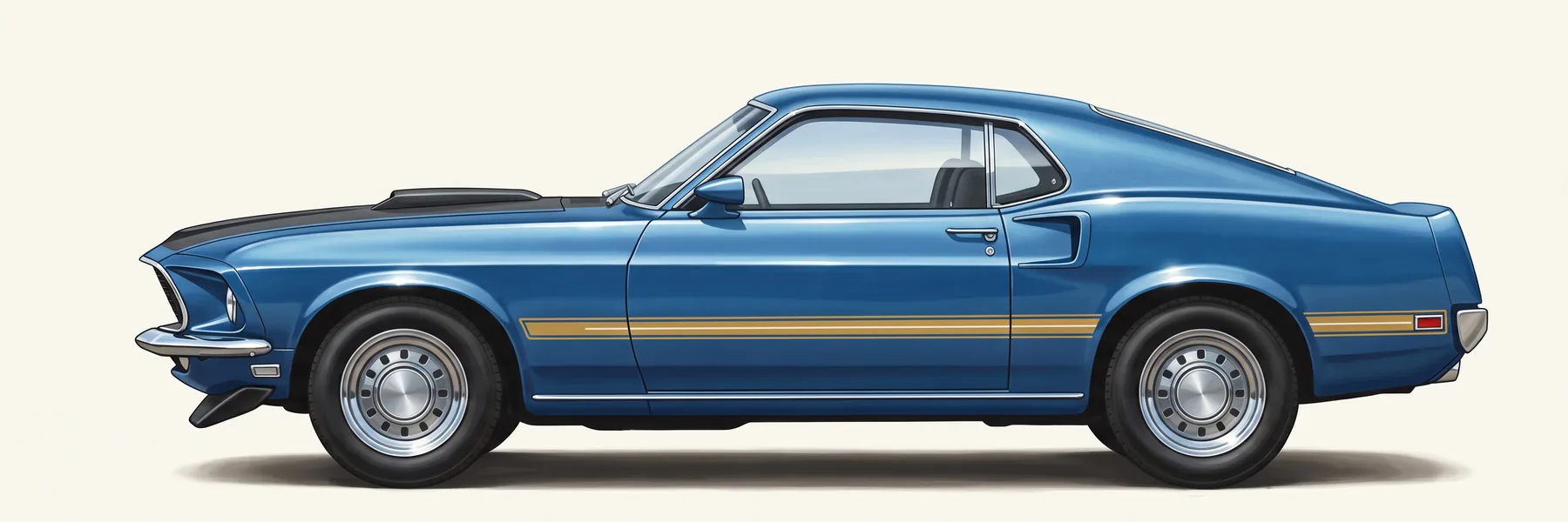 Side profile of a blue 1969 Ford Mustang Mach 1 with a black hood