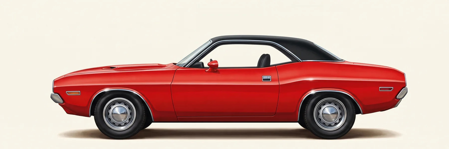 Side view of a 1970 Dodge Challenger hardtop in red with a black vinyl roof