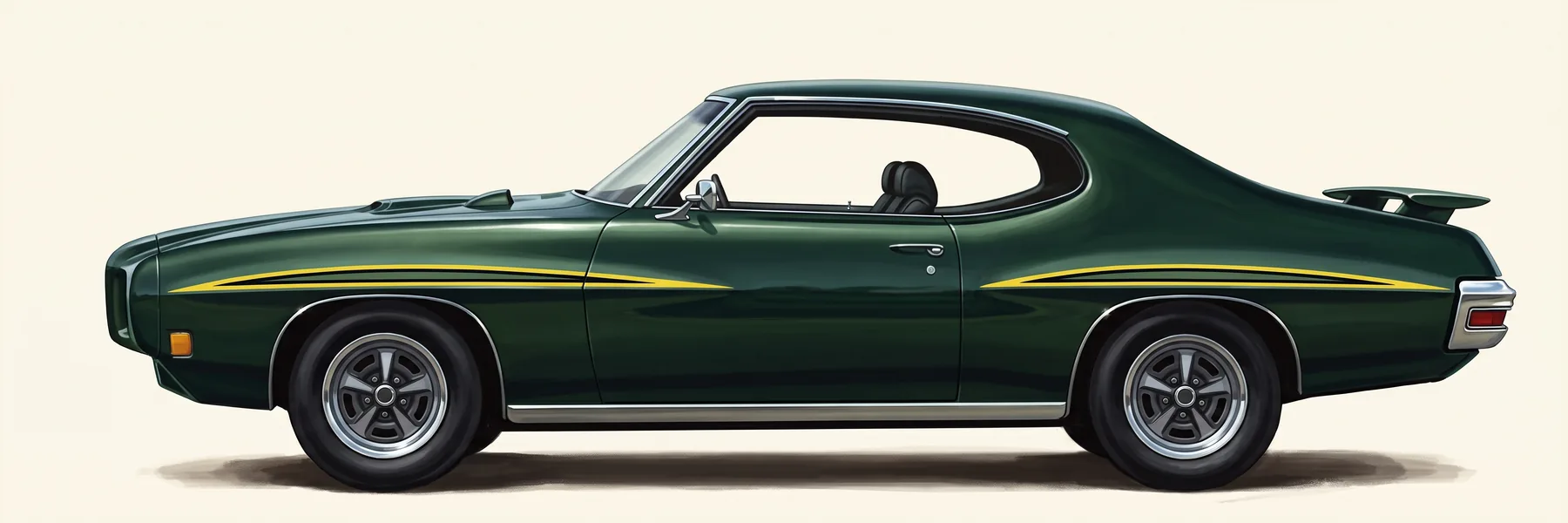 Side view of a 1970 Pontiac GTO hardtop with stripes over the wheel openings and a rear spoiler