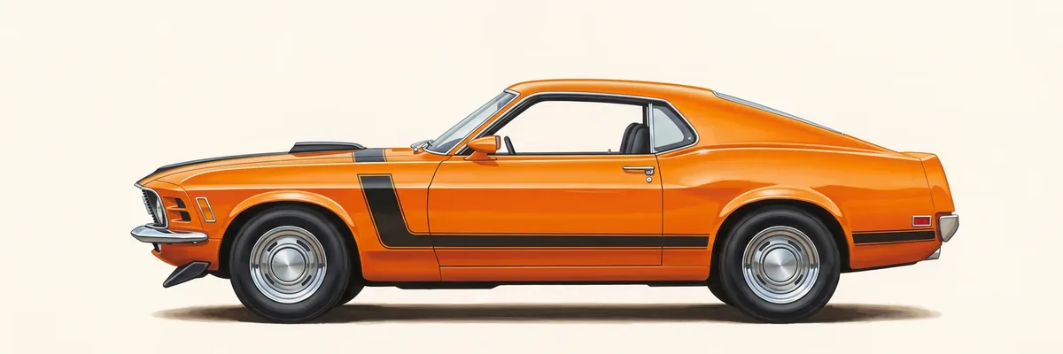 Side profile of a 1970 Ford Mustang Boss 302 in Grabber Orange