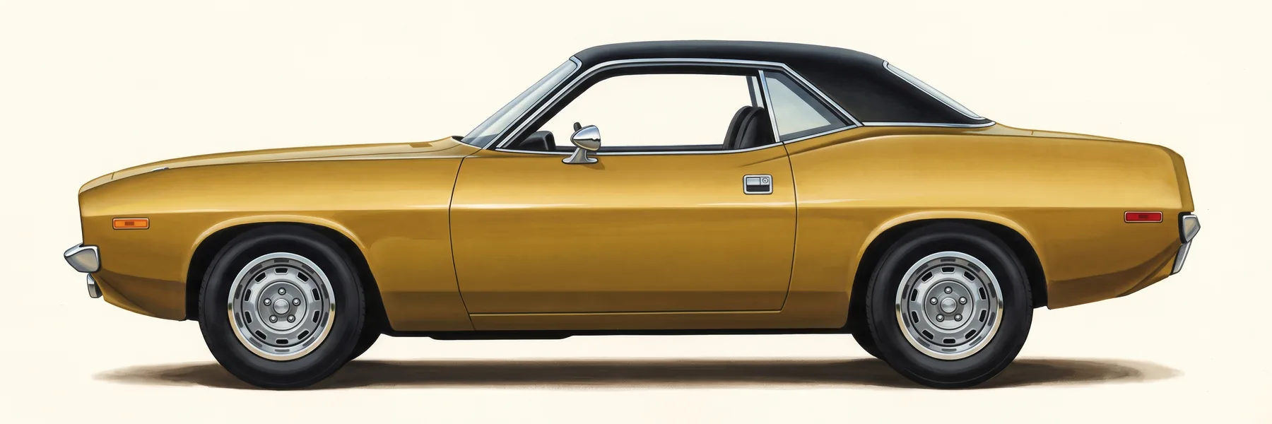 Side view of a 1972 Plymouth Barracuda hardtop with a vinyl roof