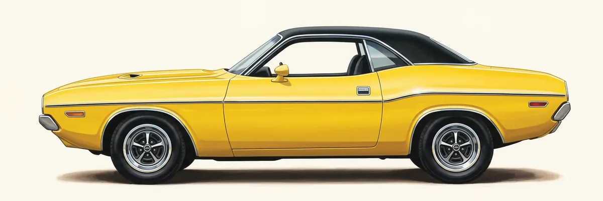 Side view of a 1972 Dodge Challenger hardtop in yellow with a black vinyl roof