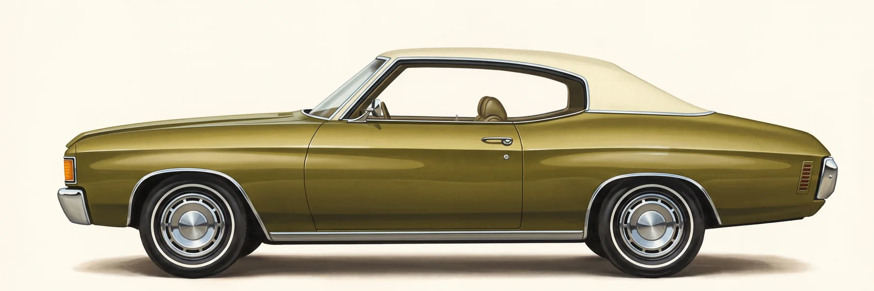Side view of a 1972 Chevrolet Chevelle Malibu Sport Coupe with a vinyl roof