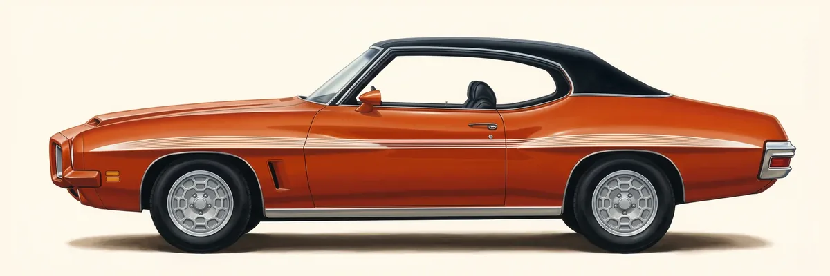 Side view of a 1972 Pontiac LeMans hardtop with the GTO option, a vinyl roof and a side stripe