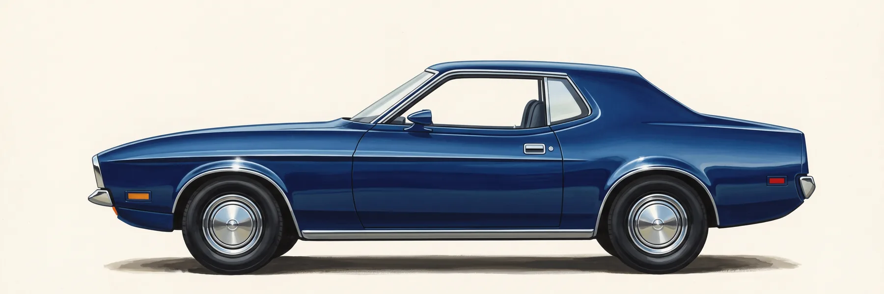Side profile of a dark blue 1972 Ford Mustang hardtop