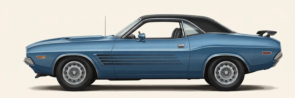 Side view of a 1973 Dodge Challenger Rallye hardtop with a black vinyl roof and black gill stripes, drawn in medium blue metallic (the car in the photo is yellow)