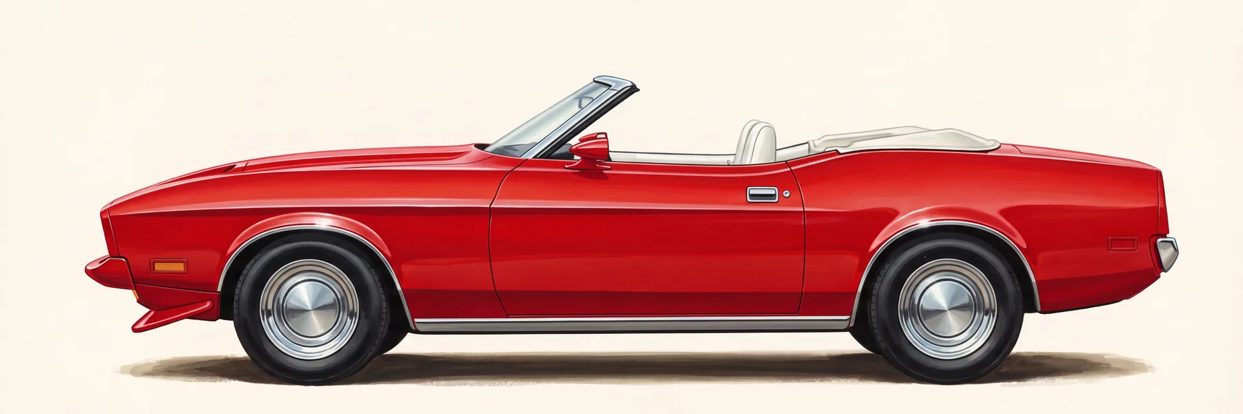 Side profile of a red 1973 Ford Mustang convertible, top down