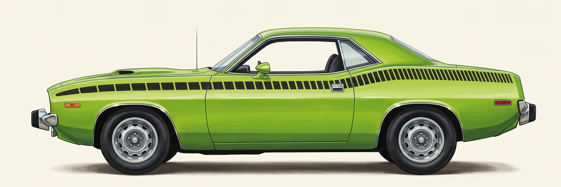 Side view of a 1974 Plymouth 'Cuda hardtop with a dashed side stripe